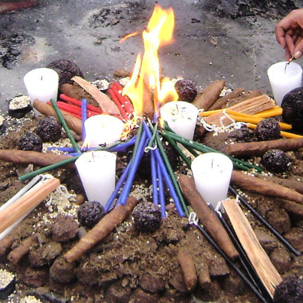 Example of ceremonial offerings used in the ritual to the Maya creature, the Alux. Offerings include chocolate, honey, corn, tobacco, alcohol, copal, etc...