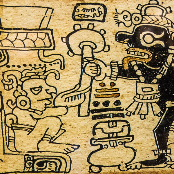 Ancient hieroglyphic portraying the passage and offering of goods to the Maya alux creature, as depicted in the left part of the hieroglyphic.