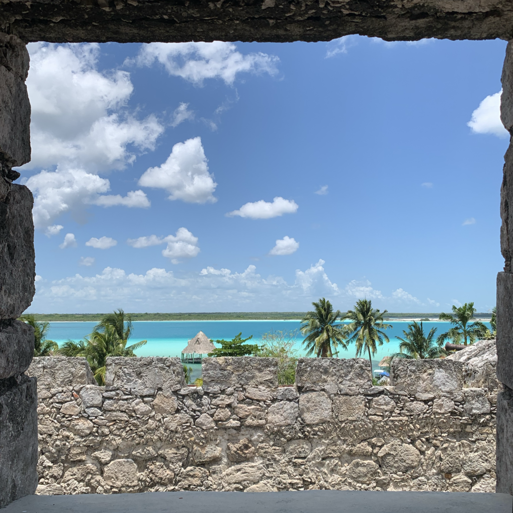 Looking out at the Bacalar Lagoon from inside the famous Fort of San Felipe located in the heart of the quaint town of Bacalar, in Mexico's Southern tip of the Yucatan Peninsula.