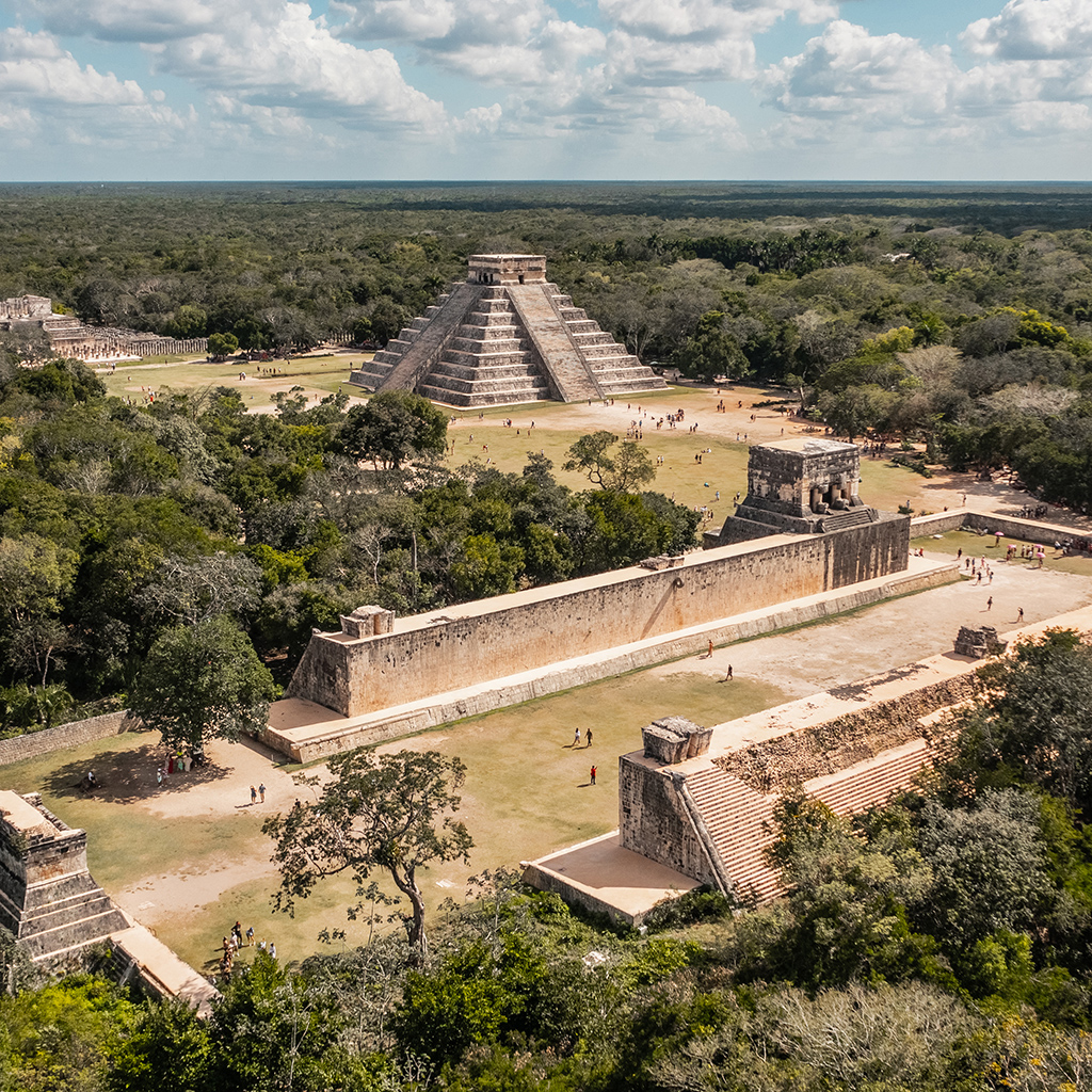 Aerial view of Chichen Itza Archaeological Site located in the heart of the Yucatan Peninsula in México.