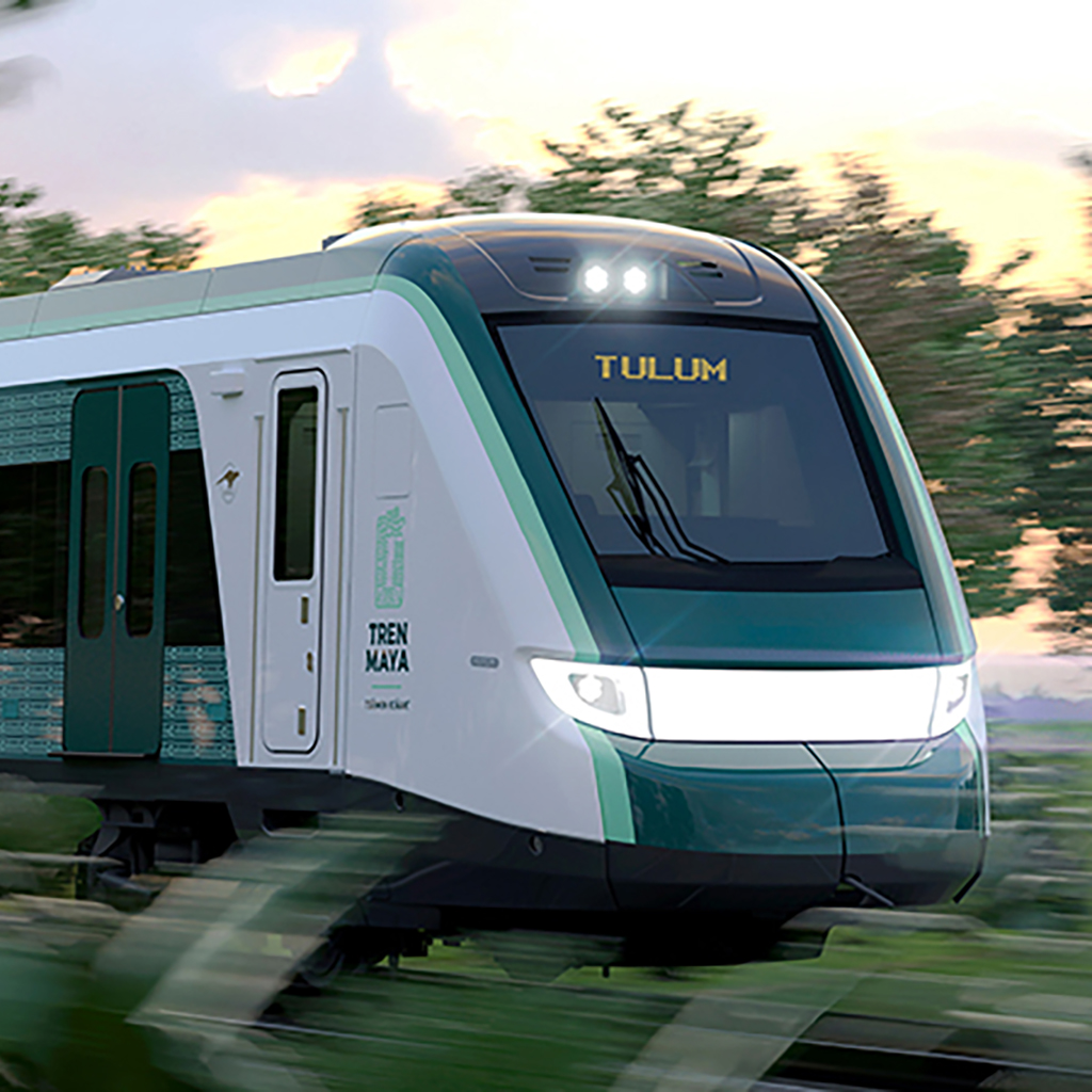 Rendered image of the new Tren Maya, "Mayan Train", set to service all routes this coming July 2024.