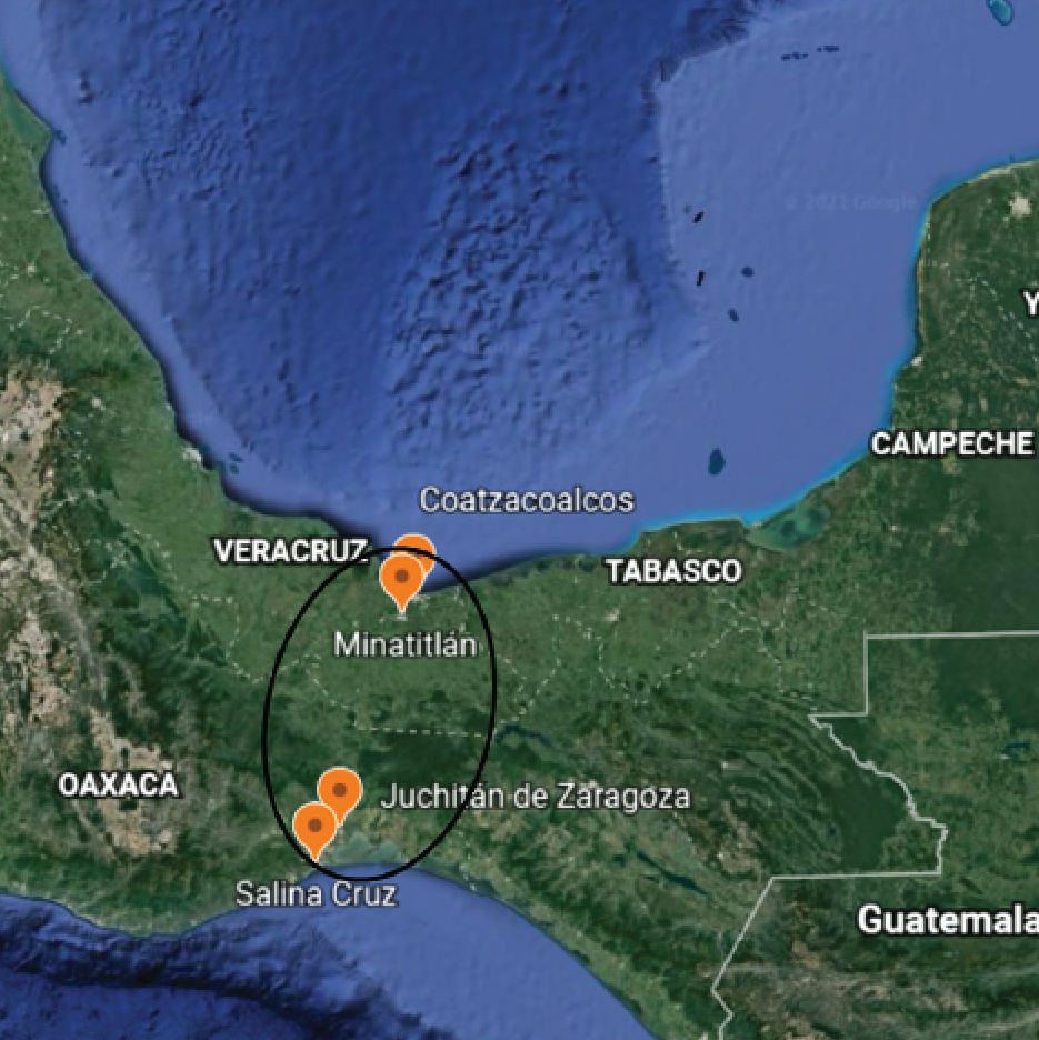 Key locations on Mexico's Interoceanic Corridor of the Isthmus of Tehuantepec